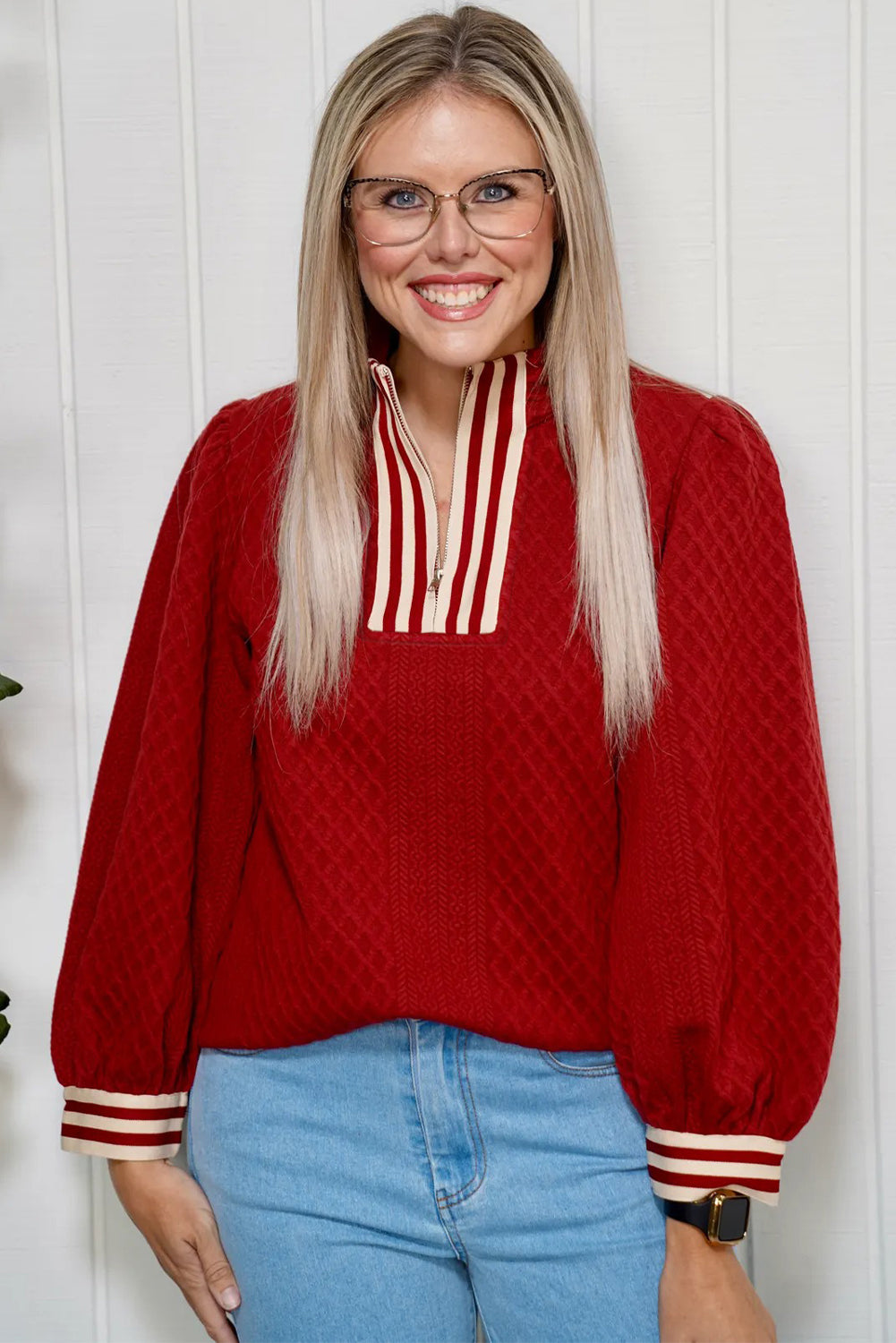 Racing Red Rhombus Textured Striped Patchwork Zip Neck Pullover Sweatshirt