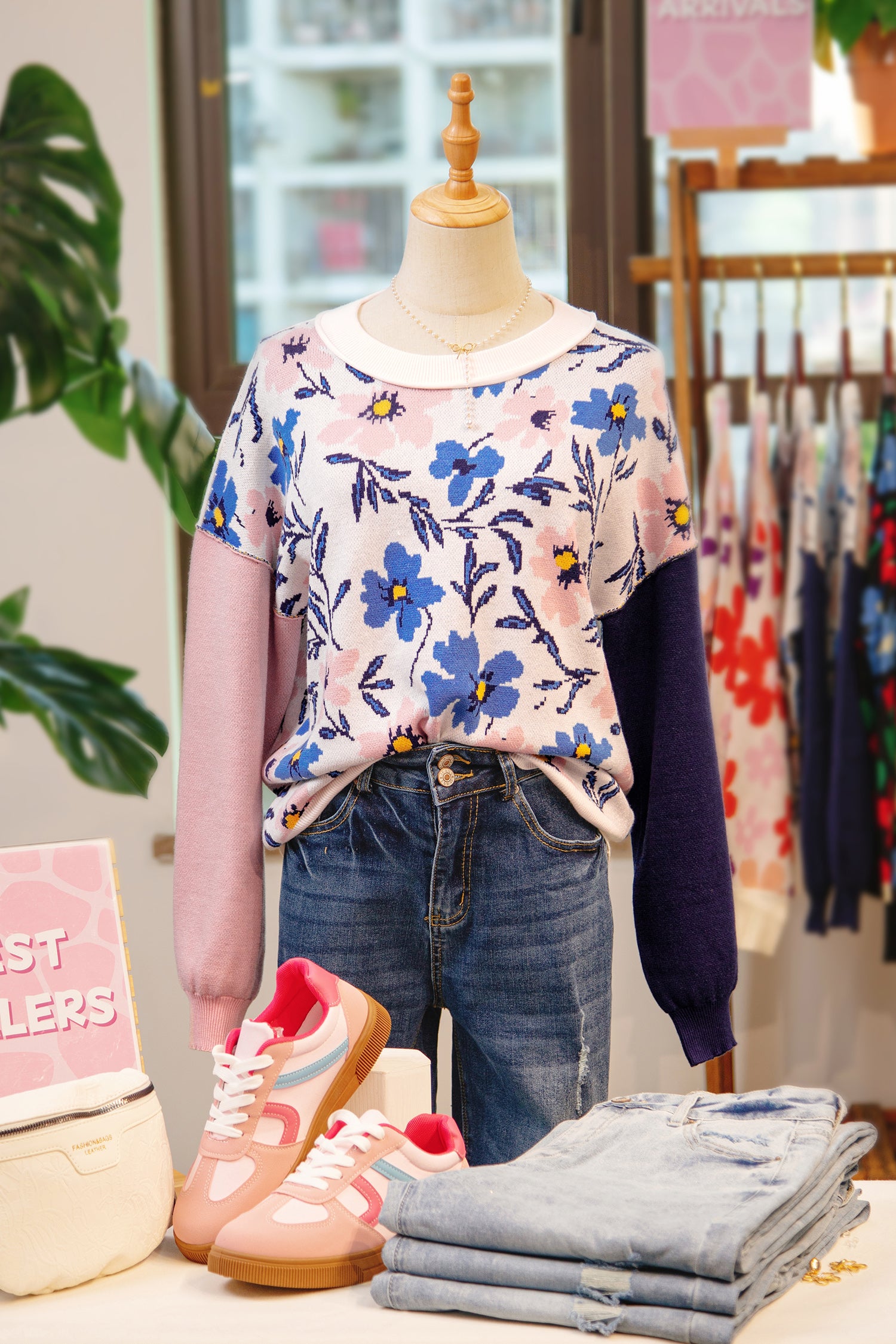 Khaki Vibrant Floral Contrast Colorblock Sleeve Pullover Sweater