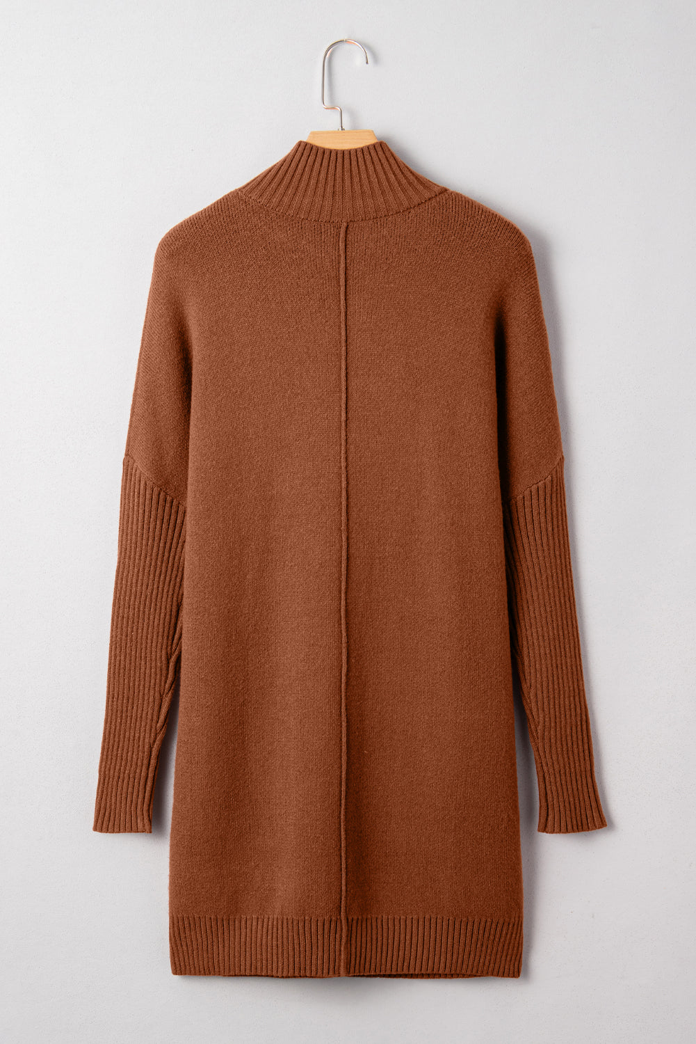 Chestnut Ribbed High Neck Front Pockets Center Seam Shift Sweater Dress