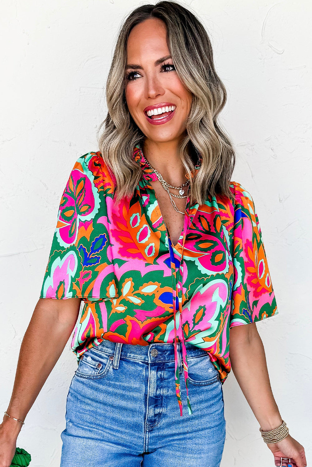 Rose Tropical Plant Print Frill V Neck Blouse