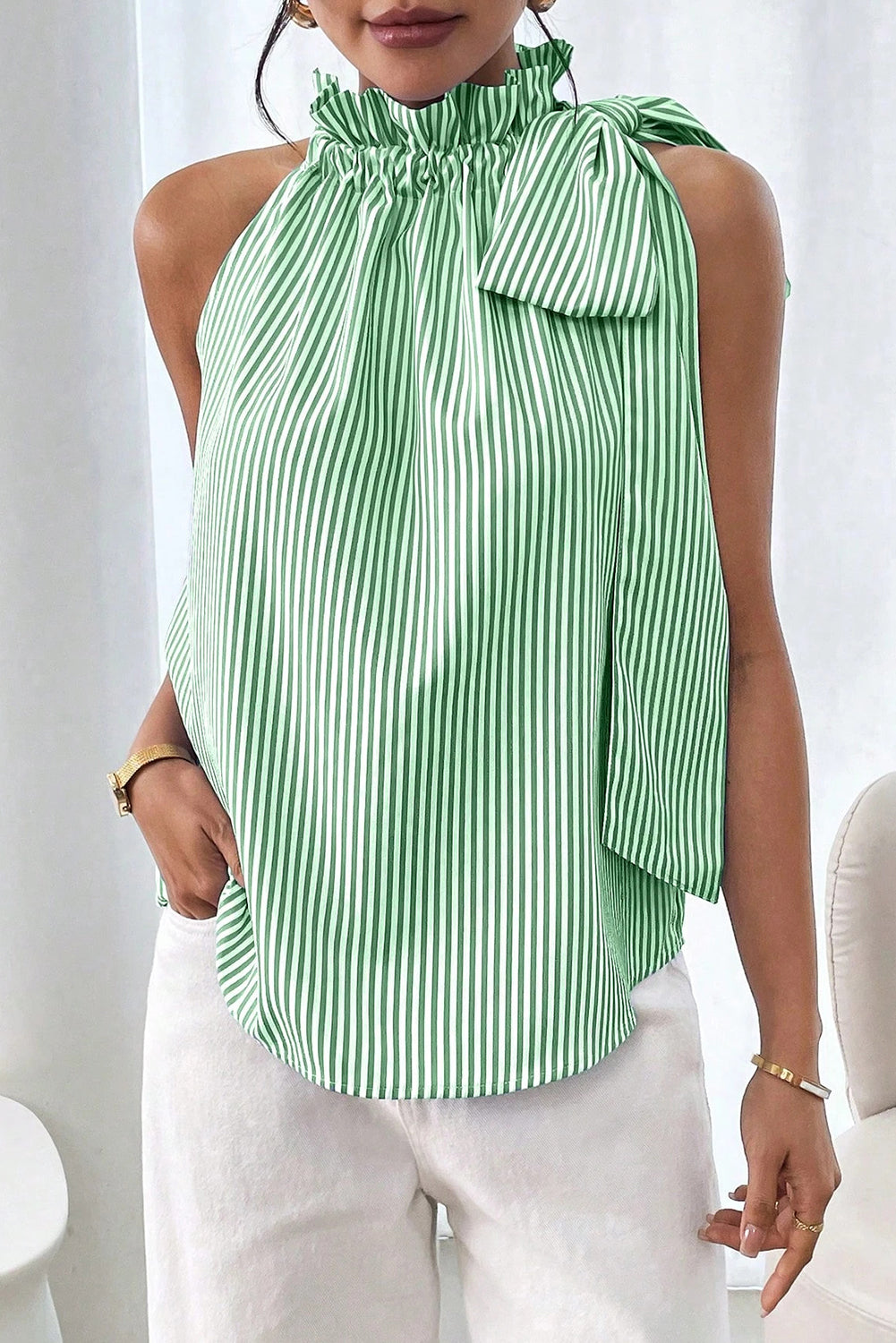 Green Striped Frill Neck Tie Knot Sleeveless Top