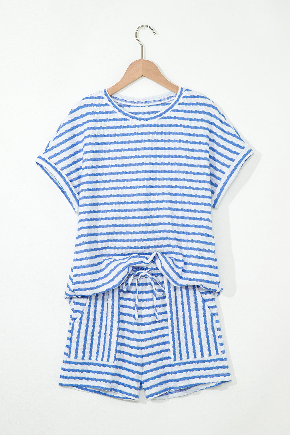 Sky Blue Striped Print Short Sleeve Top and Pocket Shorts Set