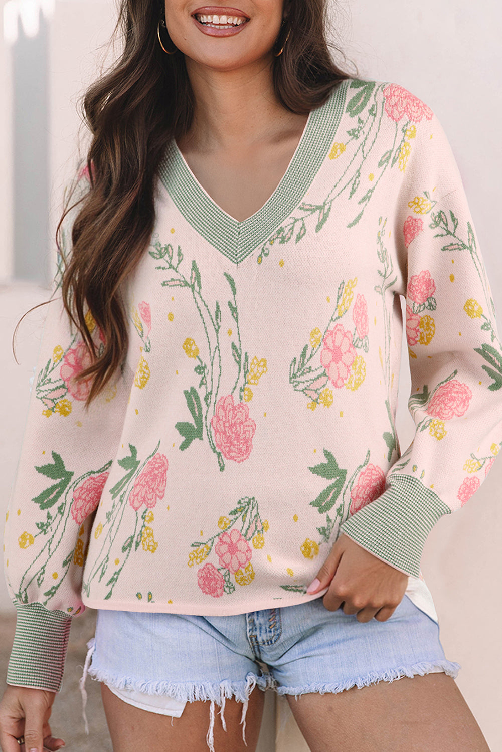 Pink Floral Striped Colorblock V Neck Loose Sweater