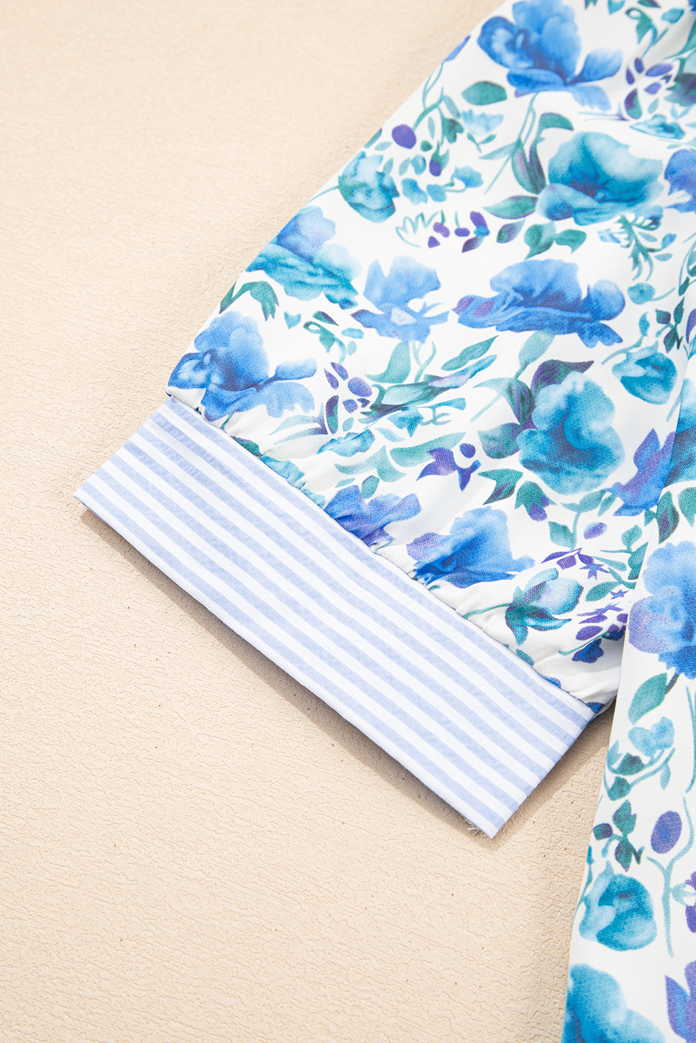 Sky Blue Floral Print Striped Patchwork Collared Blouse