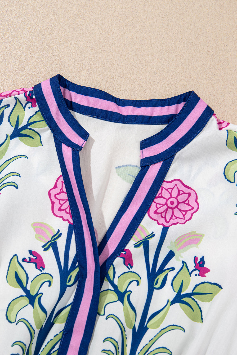 White Floral Ruffle Hem Pop of Color Neckline Dress