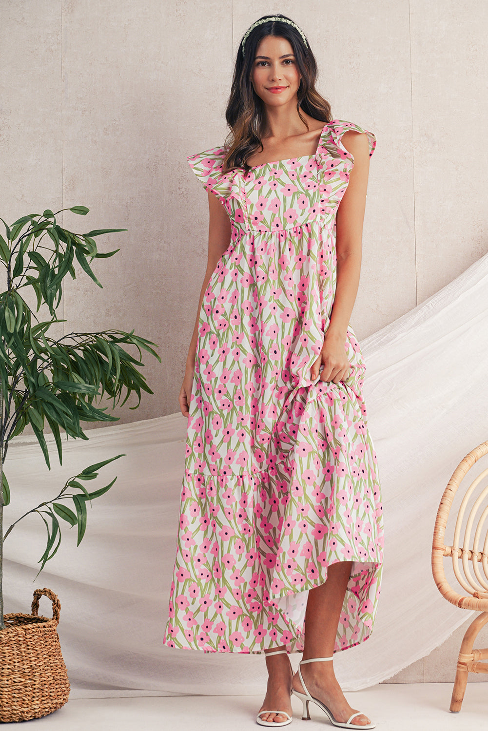 Pink Floral Print Square Neck Ruffled Strap Maxi Dress