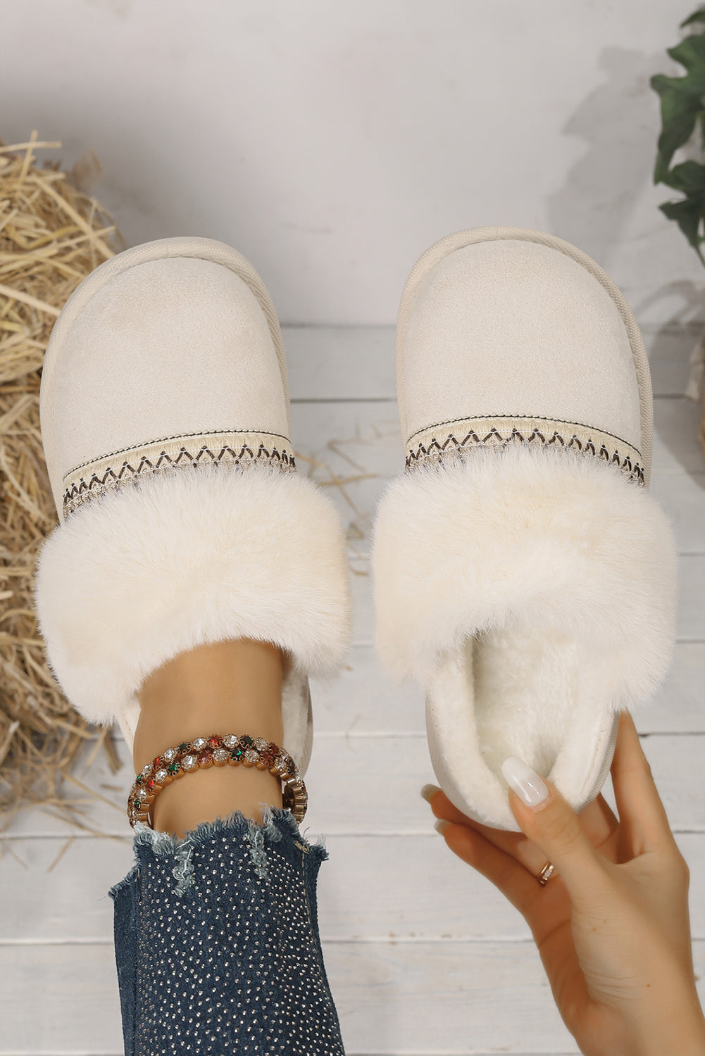 White Suede Fuzzy Winter Warm Platform Slippers