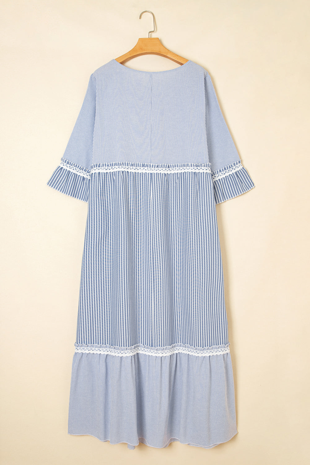 Sky Blue Crisscross Lace Detail Mixed Striped Patchwork Plus Size Dress