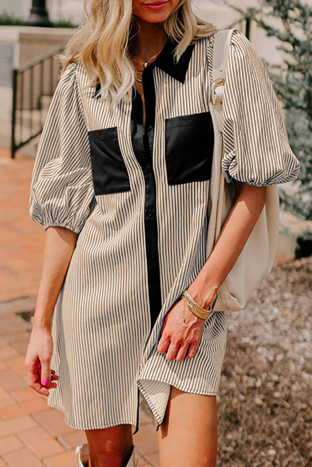 Rose Stripe Color Block Patchwork Shirt Collar Button Down Puff Sleeve Mini Dress