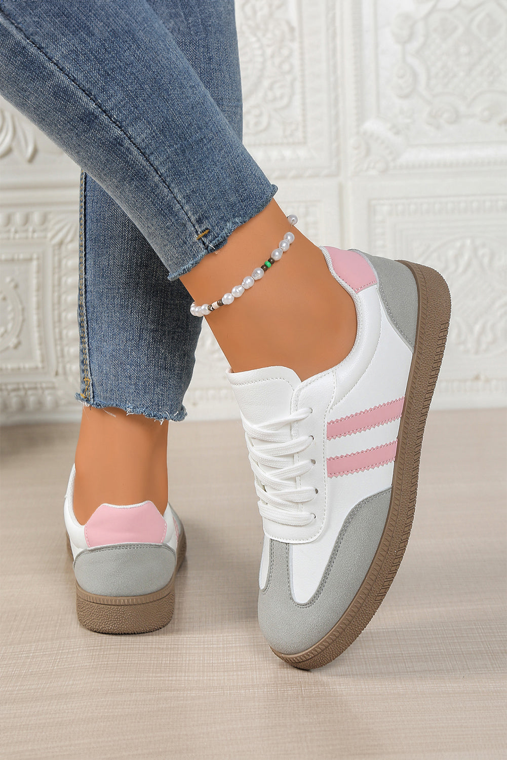 Pink Striped Patchwork Lace Up Sneakers