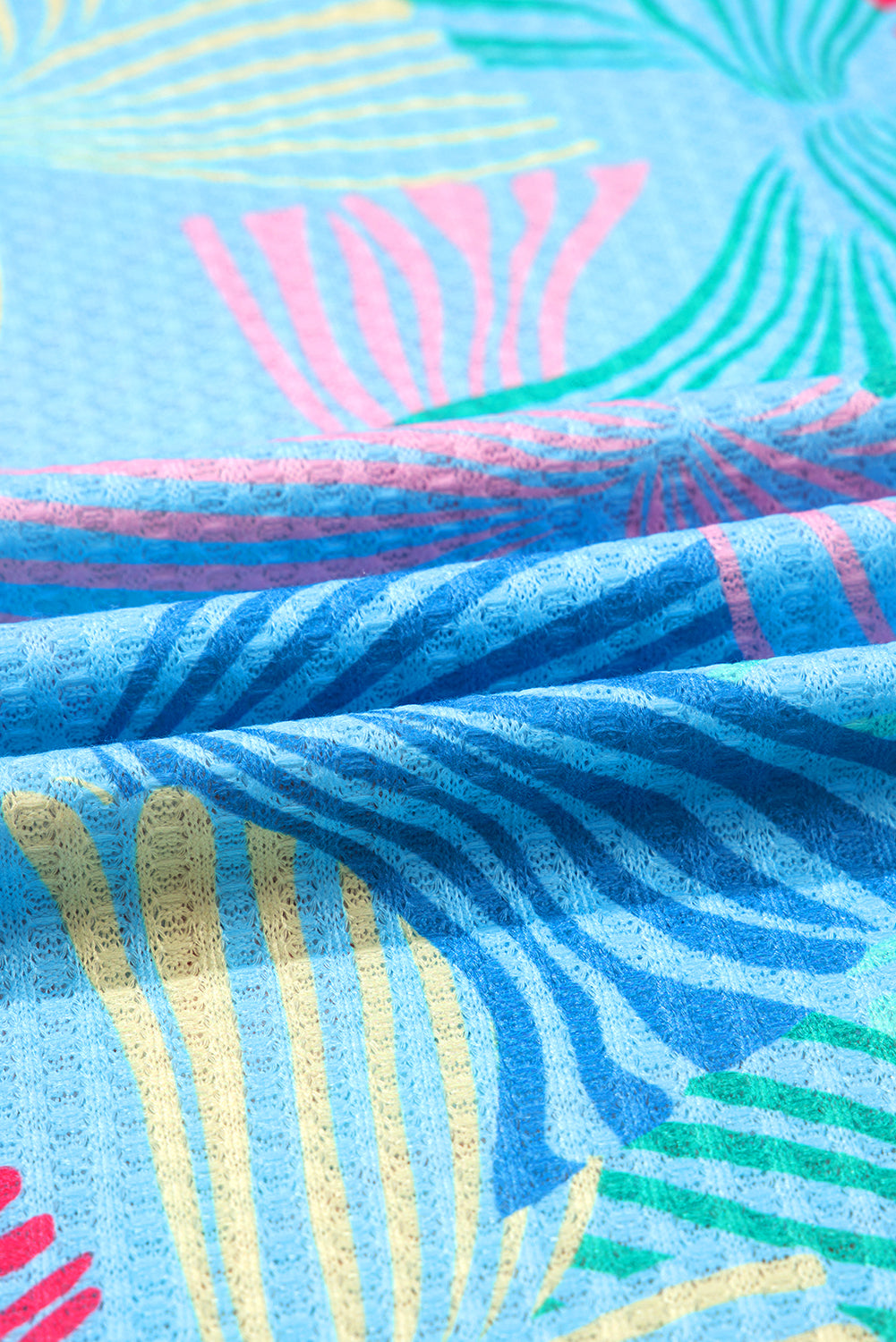 Sky Blue Bowknot Print Waffle Loose Tee