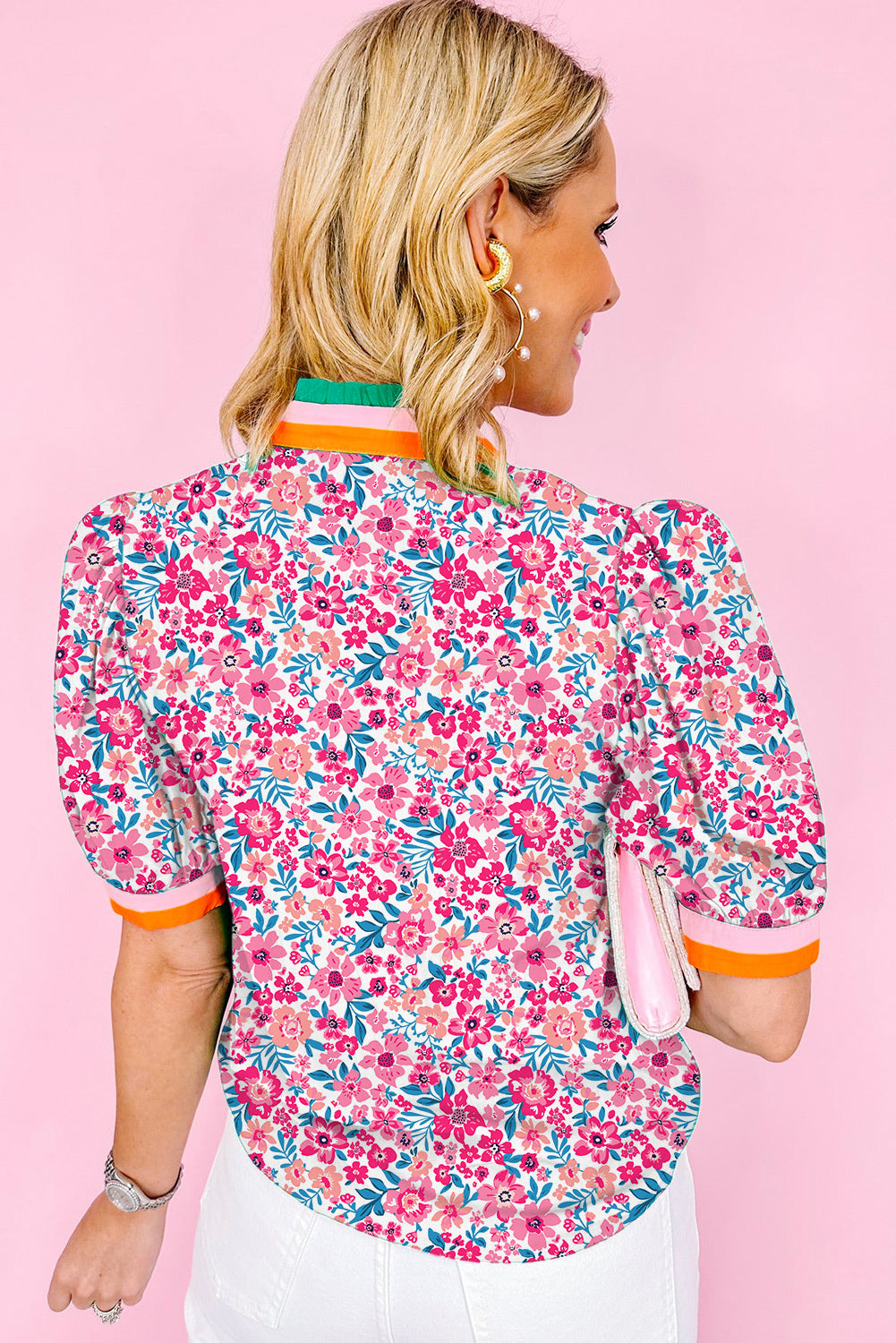 Pink Floral Print Striped Trim Puff Sleeve Blouse