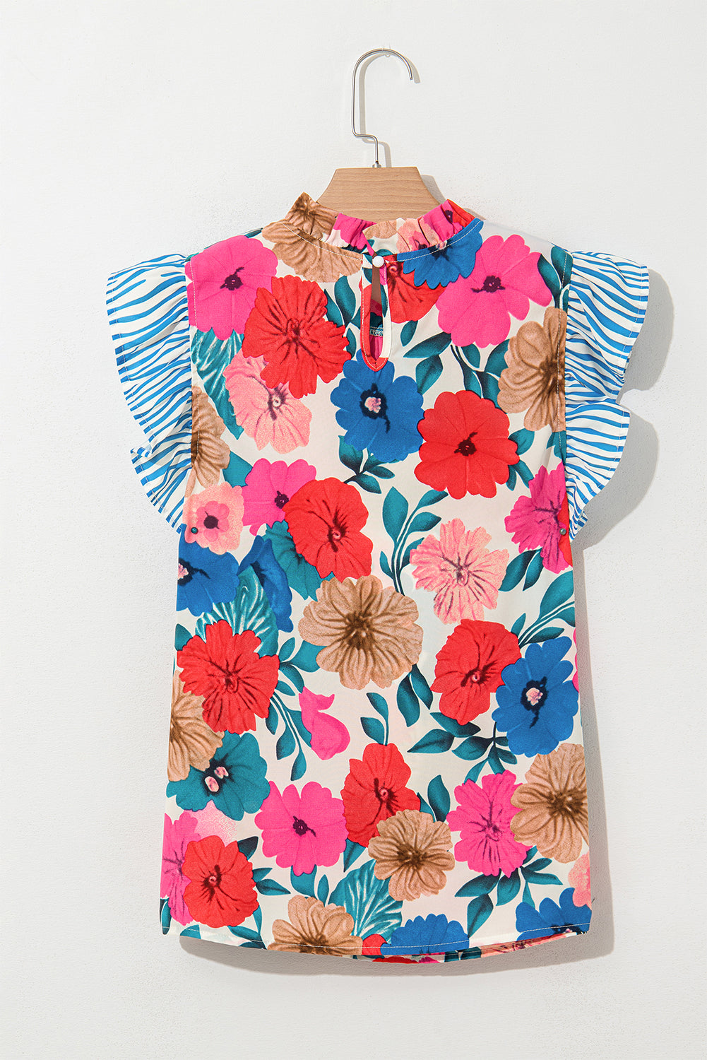 Sky Blue Floral Mock Neck Striped Ruffle Blouse