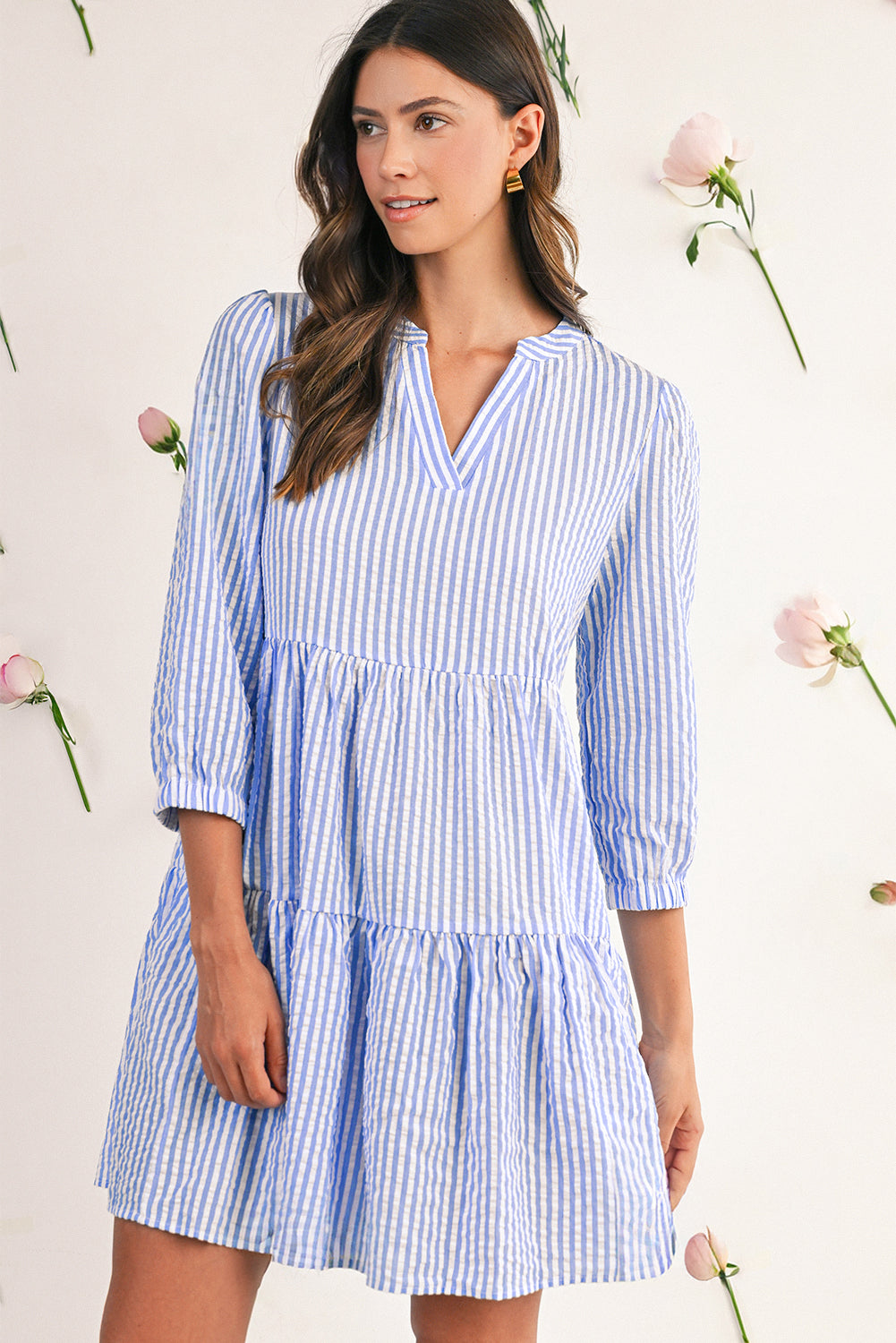 Sky Blue Striped Textured Bracelet Sleeve Tiered Mini Dress