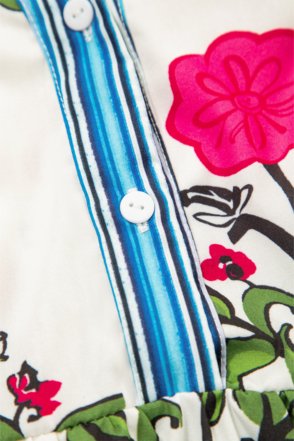 Pink Floral Print Striped Patchwork Flutter Sleeve Blouse