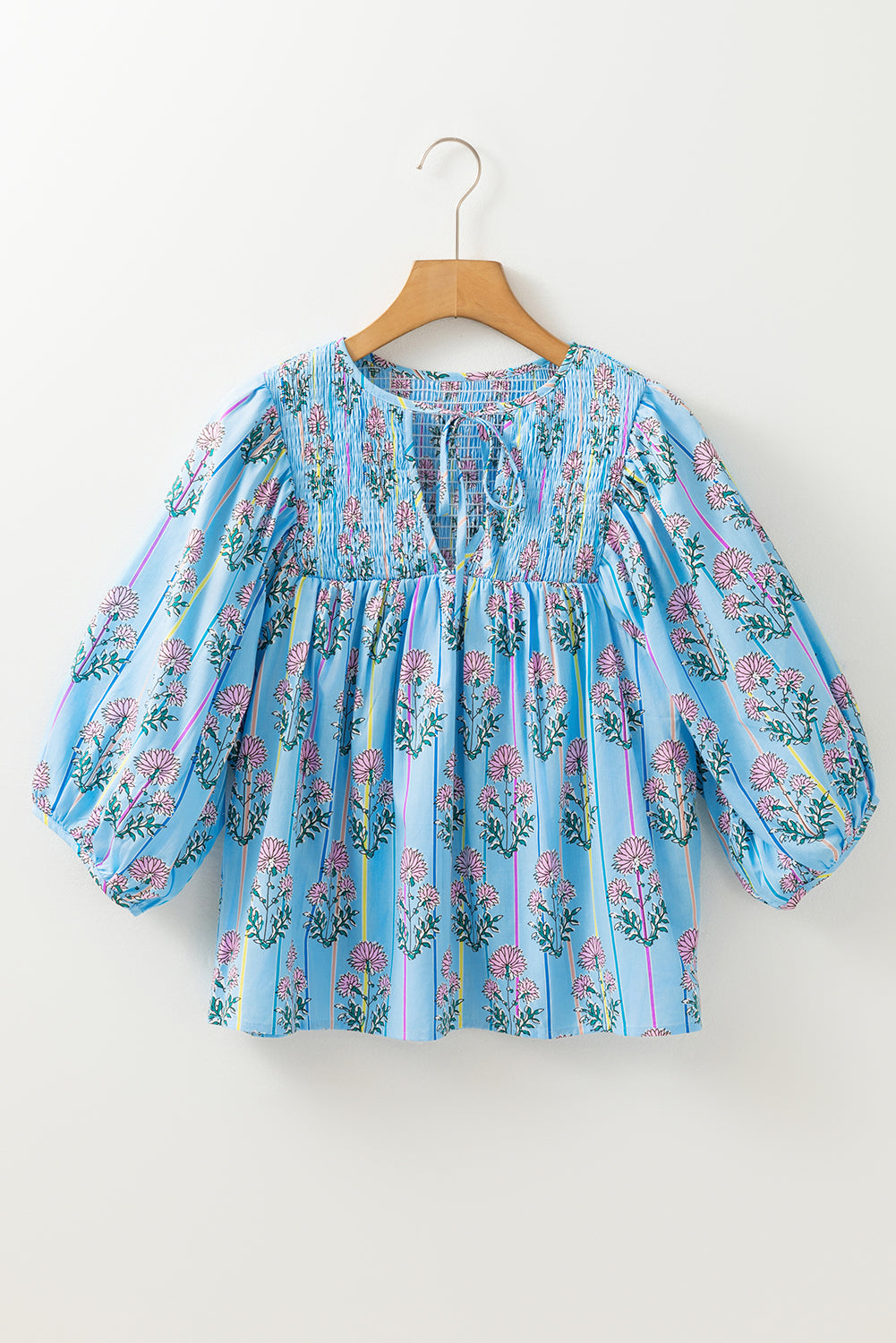 Sky Blue Floral Striped Smocked V Neck Blouse