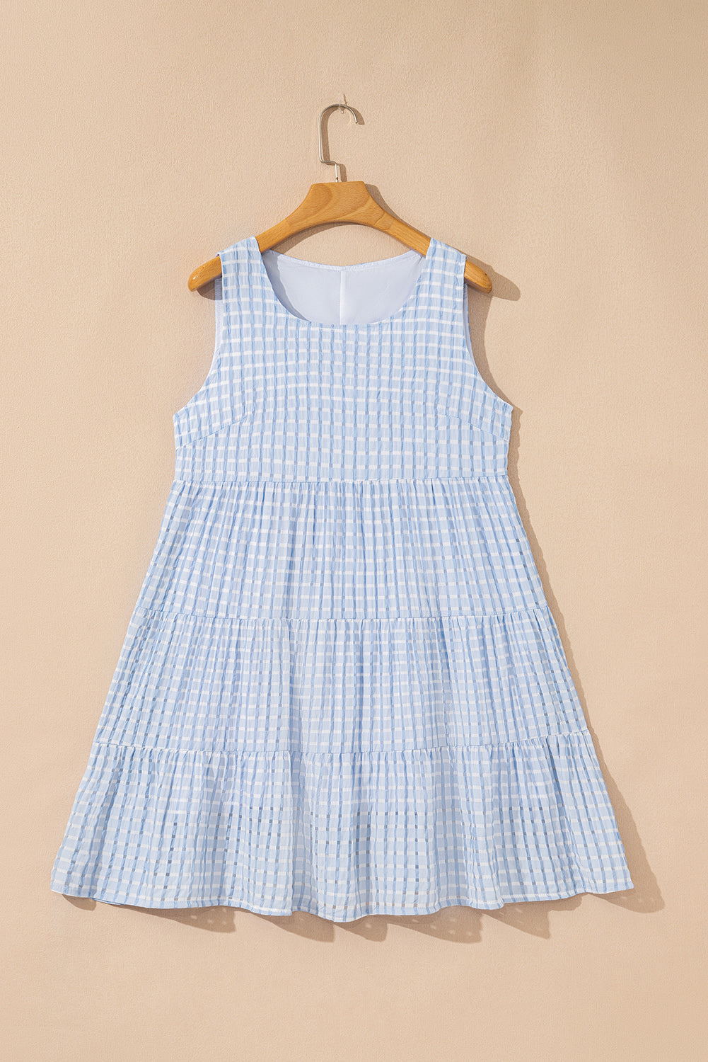 Light Blue Gingham High Waist Sleeveless Mini Dress