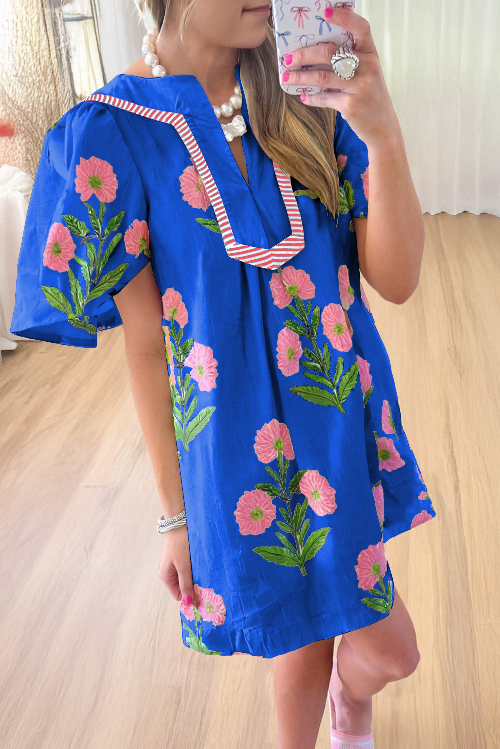 Blue Striped Trim Short Sleeve Split Neck Floral Mini Dress