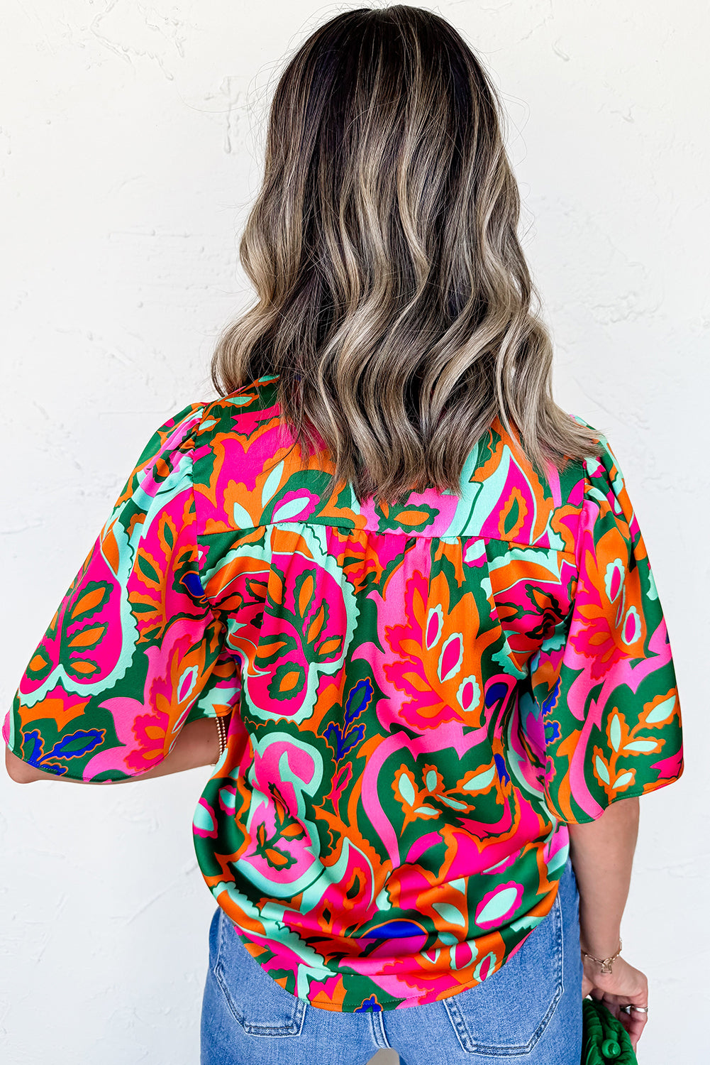 Rose Tropical Plant Print Frill V Neck Blouse