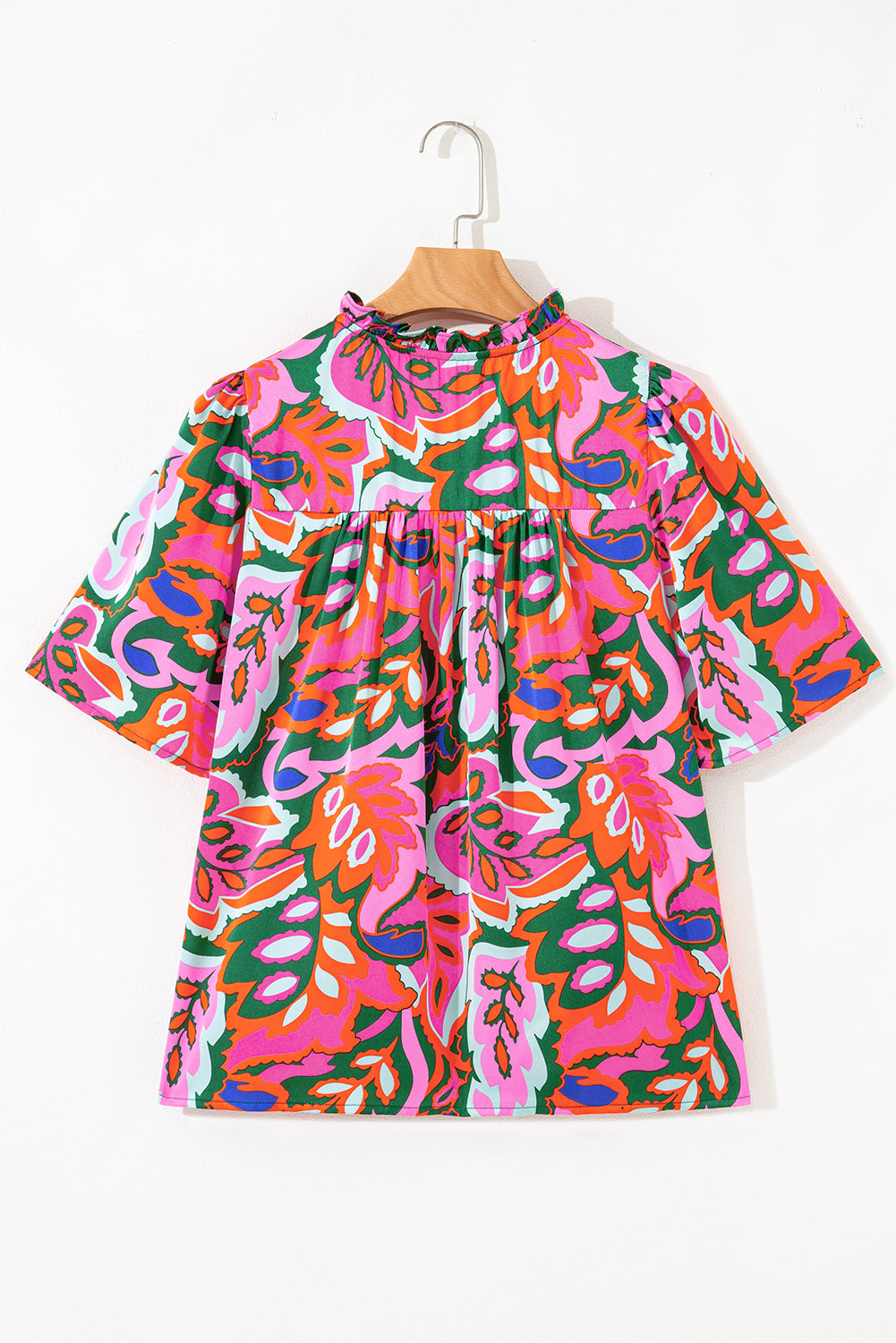 Rose Tropical Plant Print Frill V Neck Blouse