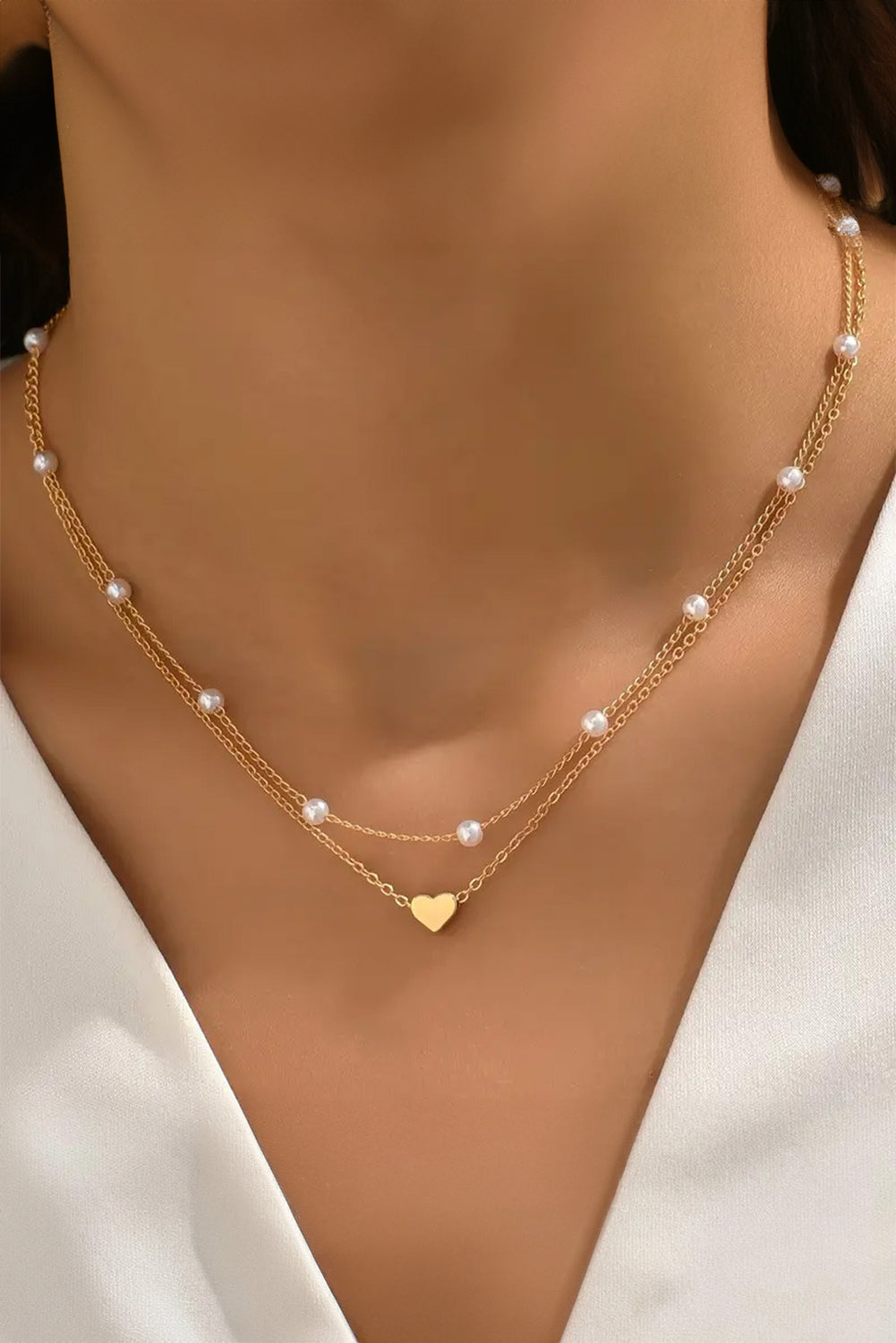 Gold 2pcs Pearl Heart Chain Necklace Set