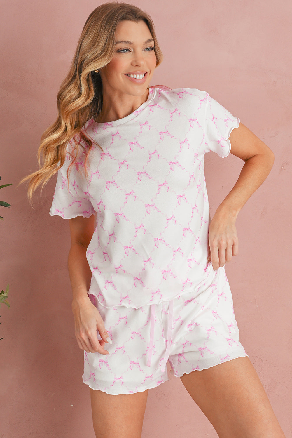 Pink Bowknot Print Lettuce Trim Two Piece Pajama Set