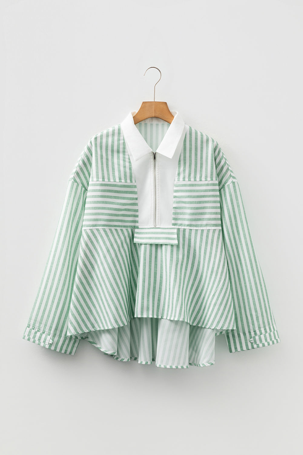 Green Striped Zipper Collar Long Sleeve Top