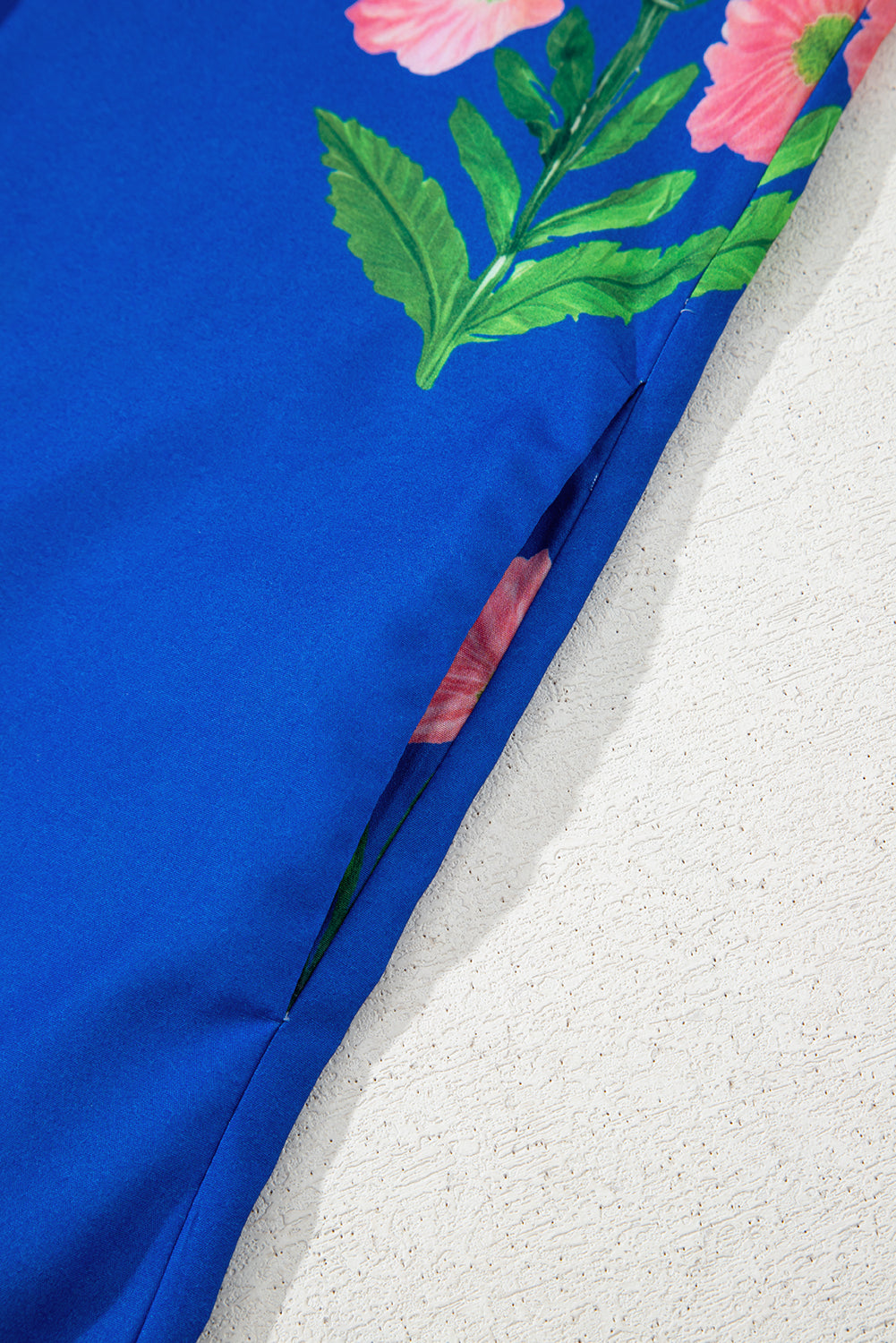 Blue Striped Trim Short Sleeve Split Neck Floral Mini Dress