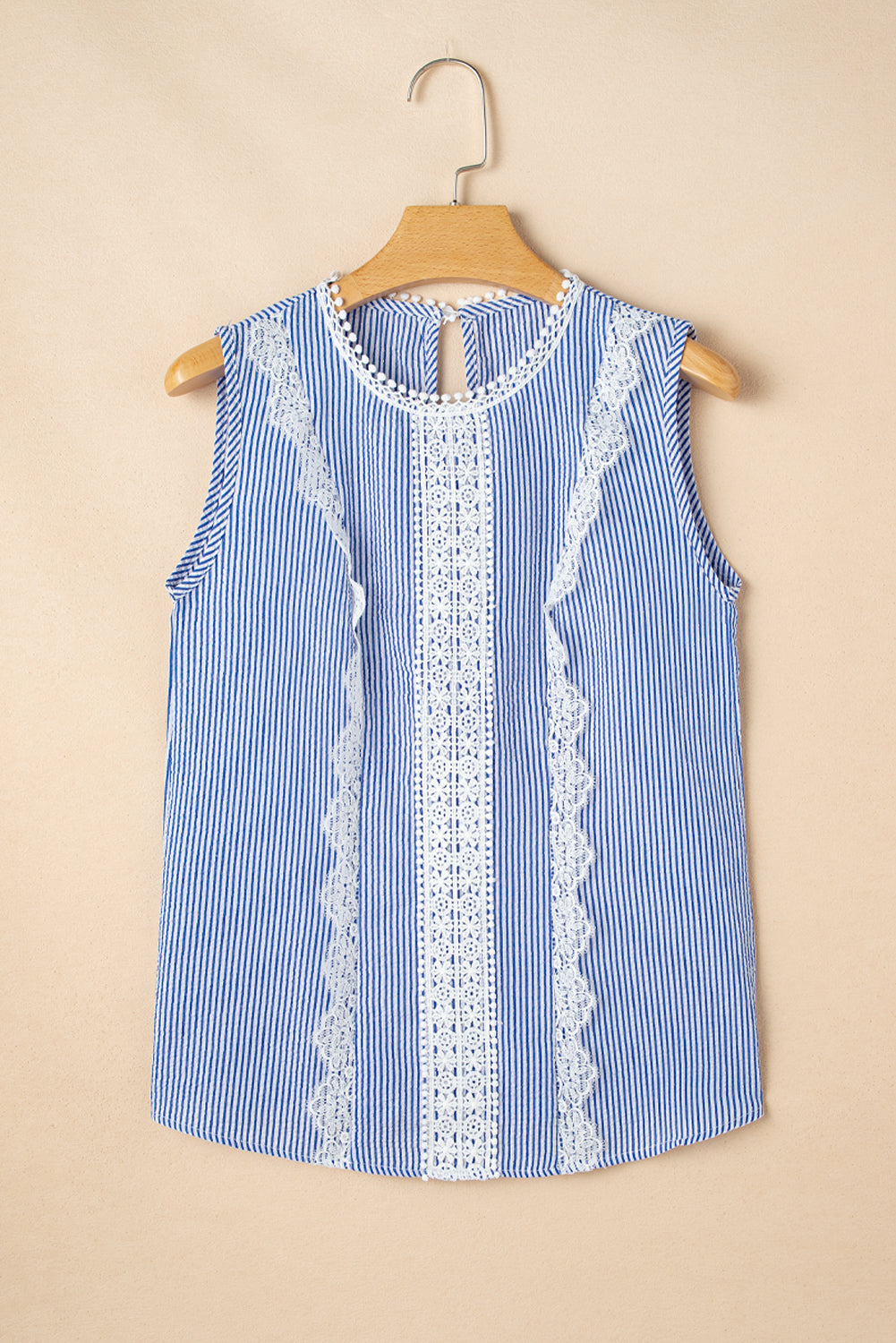 Sky Blue Stripe Lace Detail Crinkle Sleeveless Blouse