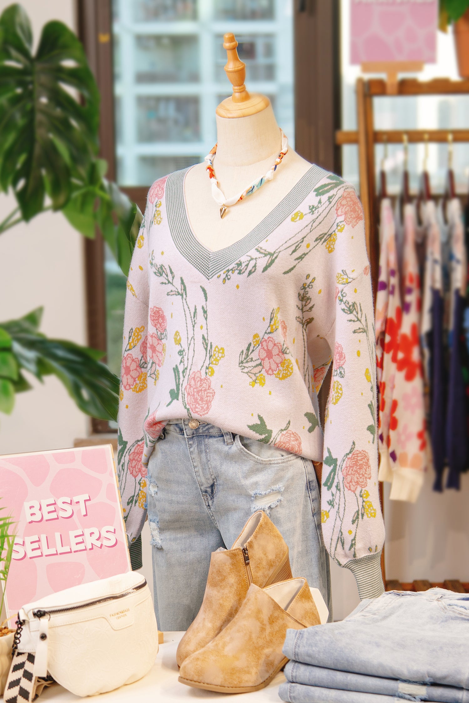 Pink Floral Striped Colorblock V Neck Loose Sweater