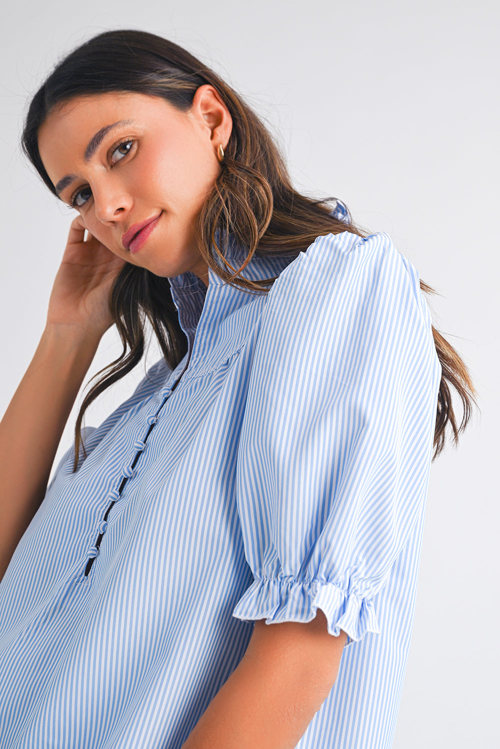 Sky Blue Striped Frill Neck Puff Sleeve Blouse