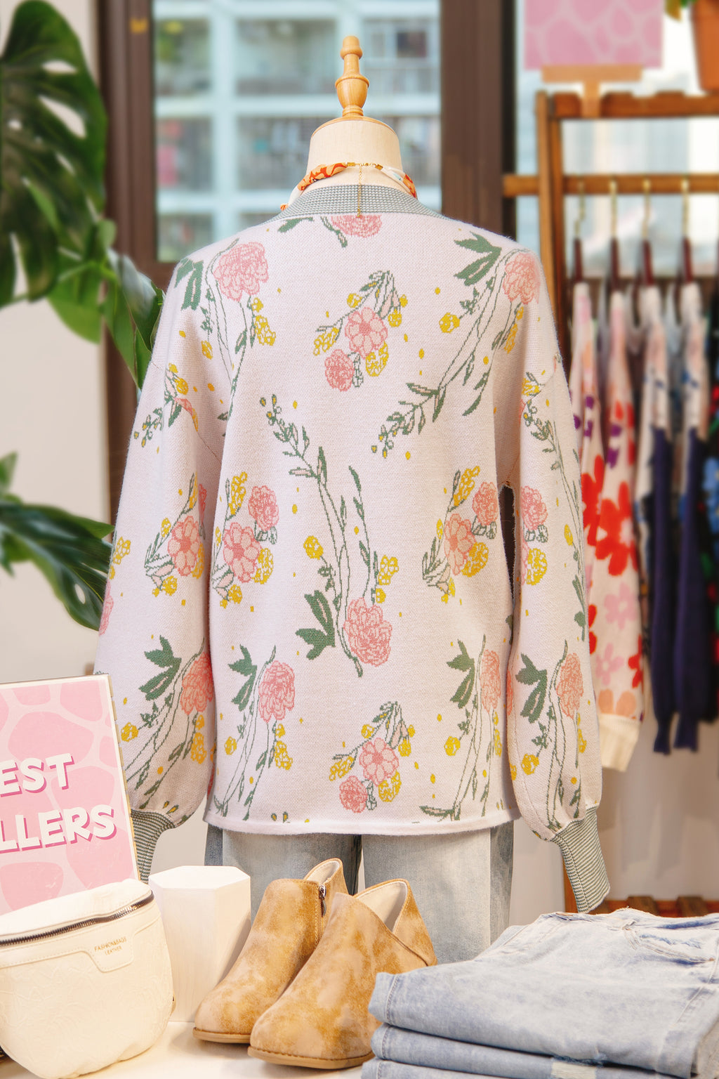 Pink Floral Striped Colorblock V Neck Loose Sweater