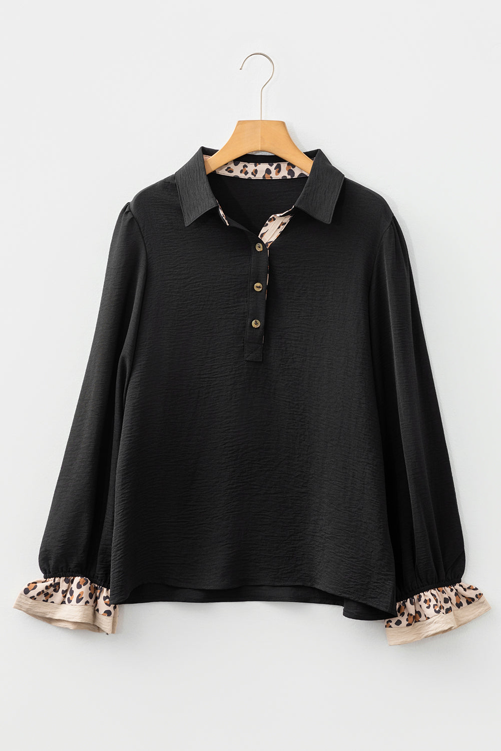 Black Leopard Contrast V Neck Long Sleeve Blouse
