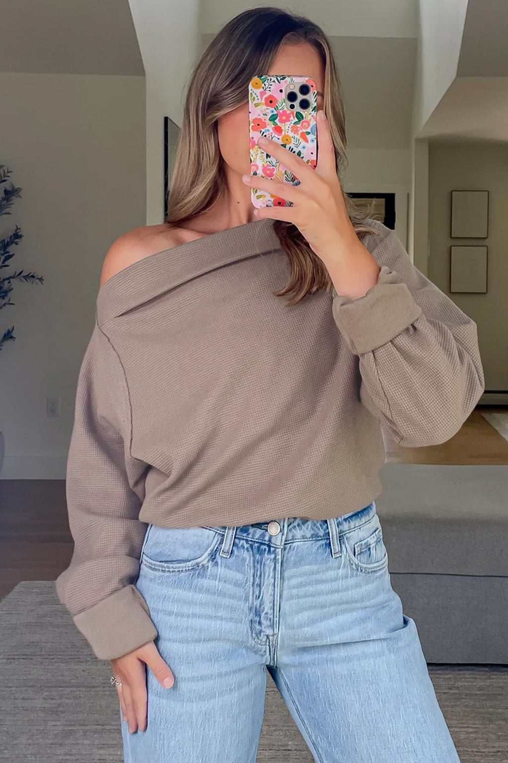 Old Rose Solid Color Waffle Knit Asymmetric Neck Long Sleeve Top