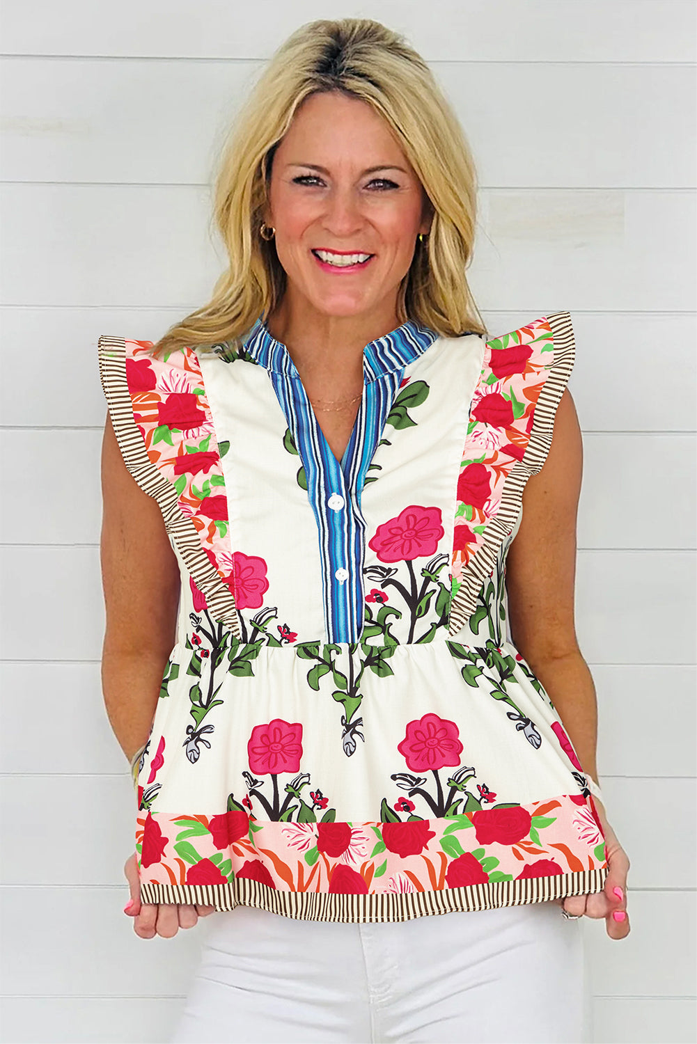 Pink Floral Print Striped Patchwork Flutter Sleeve Blouse