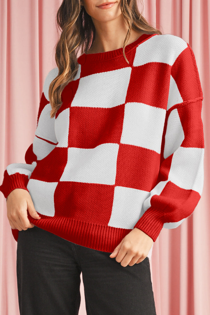 Fiery Red Plaid Bishop Sleeve Pullover Sweater
