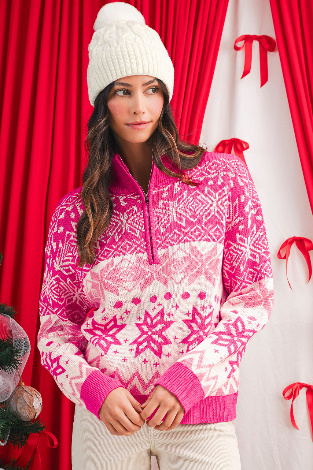 Rose Red Christmas Snowflake Quarter Zip Collard Sweater