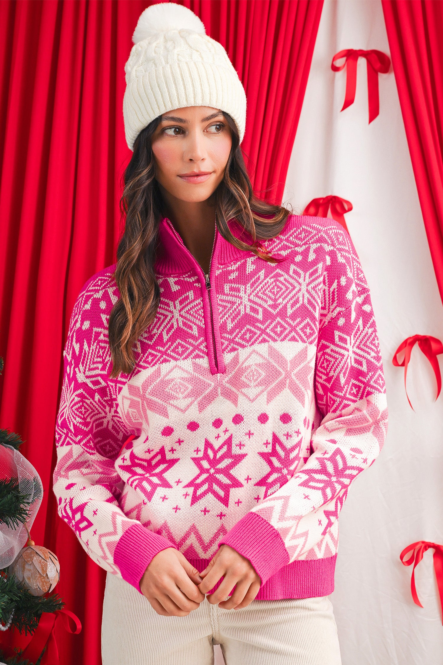 Rose Red Christmas Snowflake Quarter Zip Collard Sweater