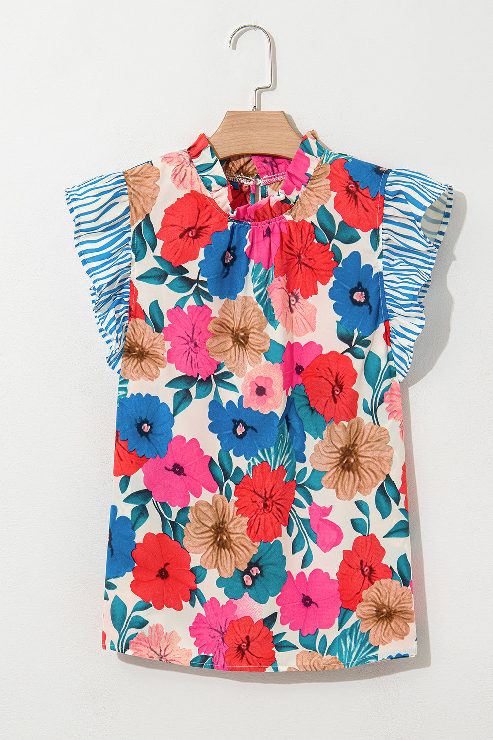 Sky Blue Floral Mock Neck Striped Ruffle Blouse