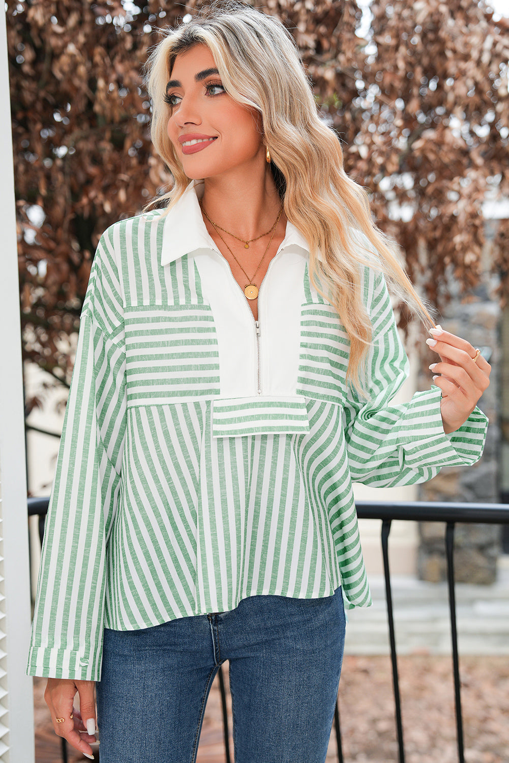 Green Striped Zipper Collar Long Sleeve Top
