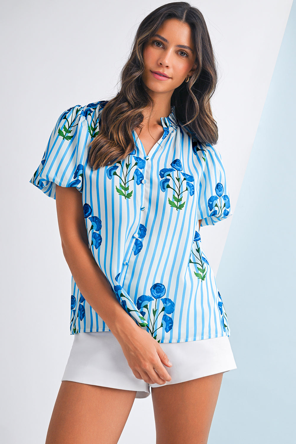 Sky Blue Stripe Boho Floral Print Frill V Neck Puff Sleeve Blouse