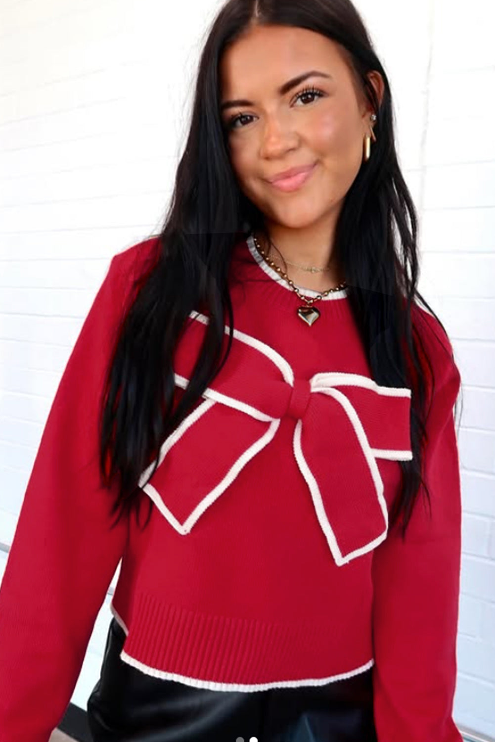 Fiery Red Contrast Trim Big Bow Accent Cropped Sweater