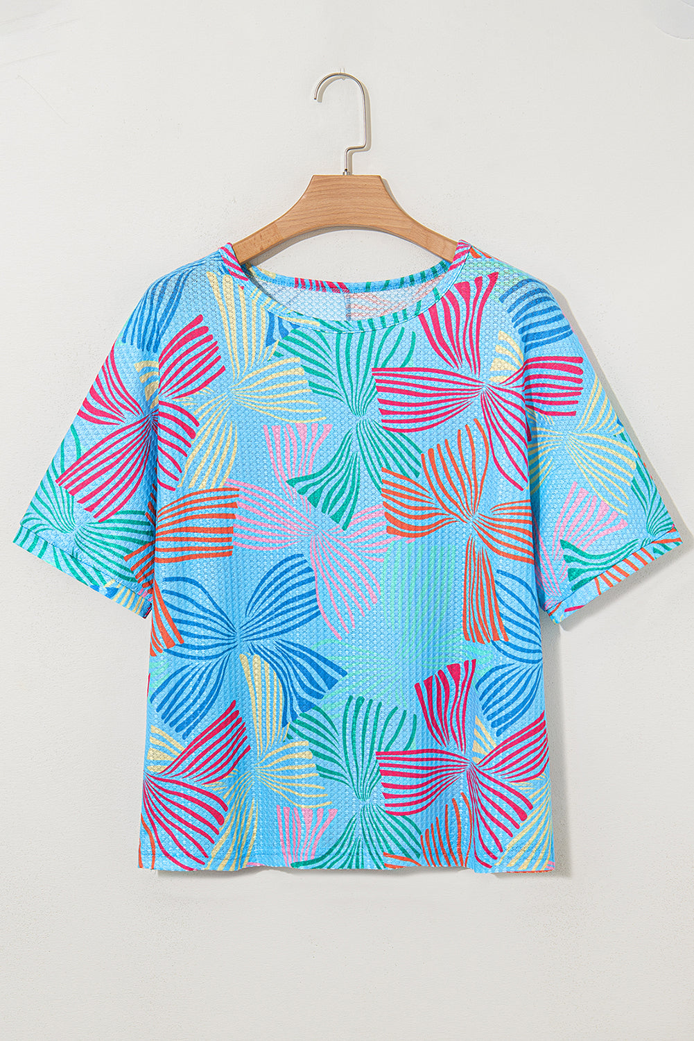 Sky Blue Bowknot Print Waffle Loose Tee