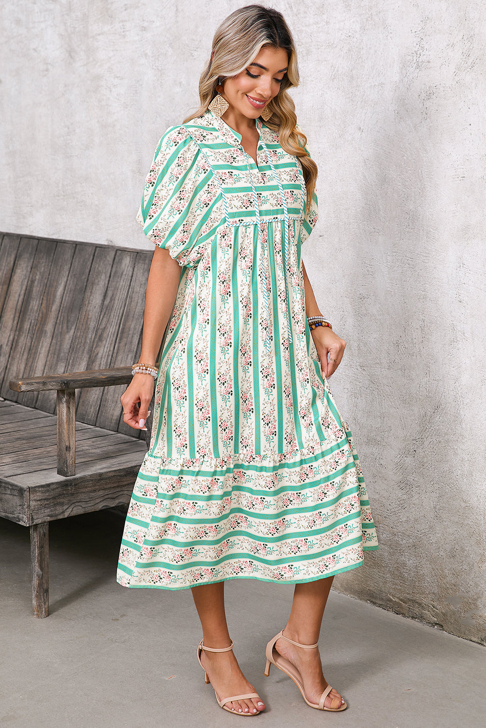 Multicolor Boho Floral Striped Tie V Neck Long Dress