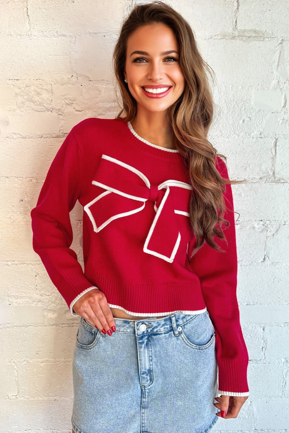 Fiery Red Contrast Trim Big Bow Accent Cropped Sweater