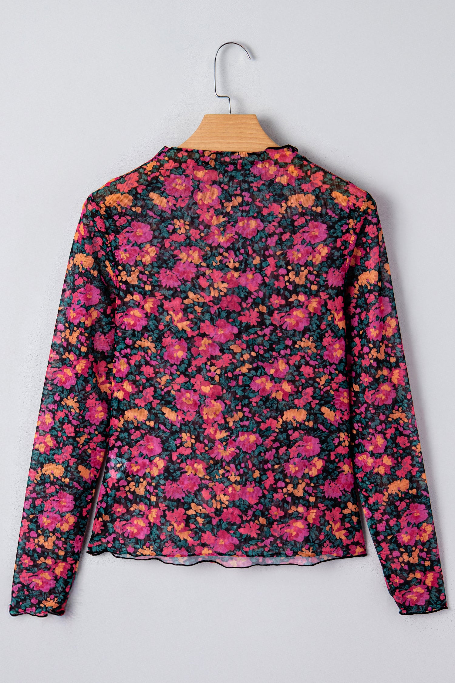 Rose Slim Fit Floral Mesh Long Sleeve Mock Neck Top