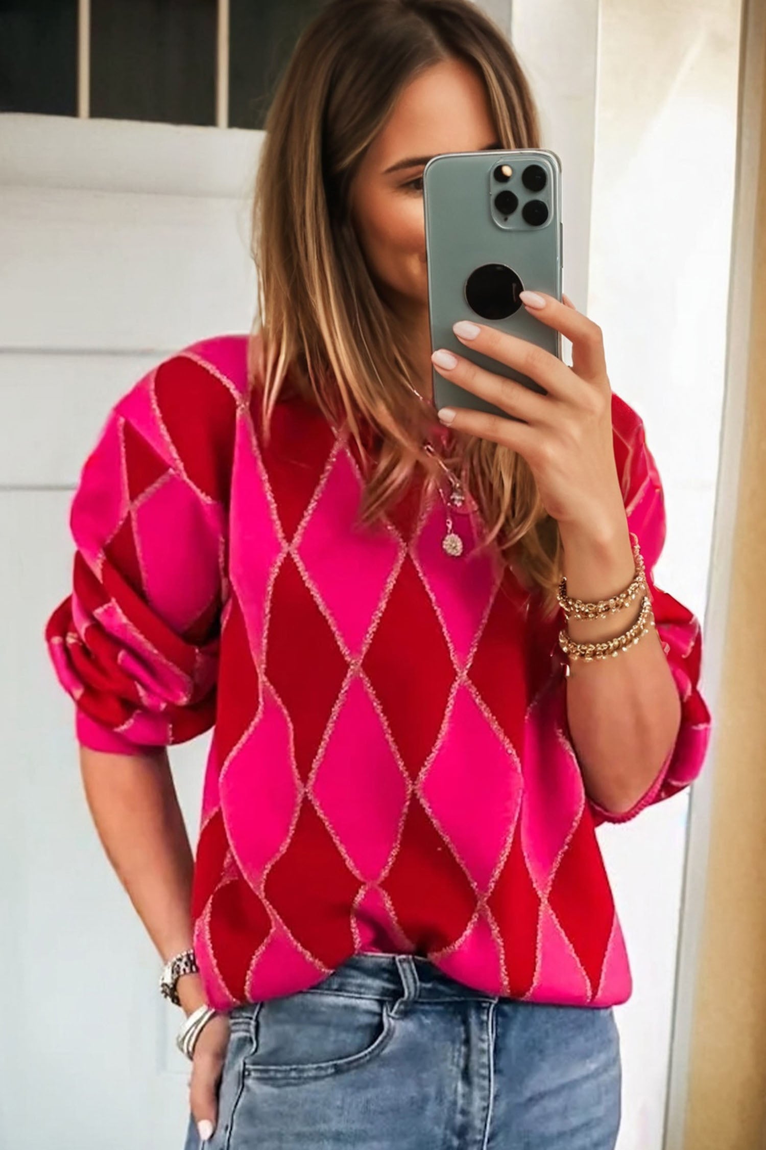 Rose Red Glitter Rhombus Pattern Knit Womens Casual Sweater