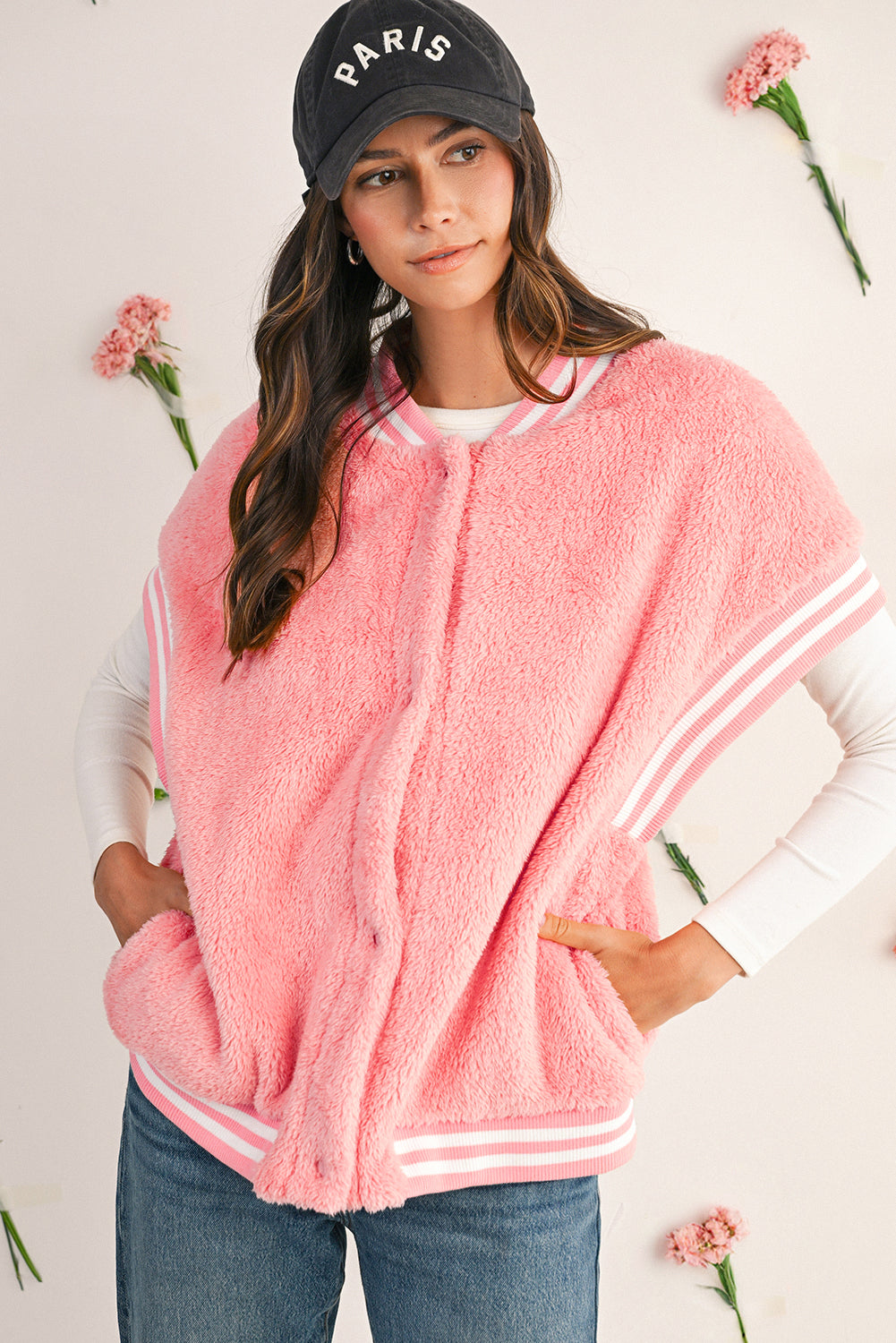 Gossamer Pink Contrast Trim Plush Sleeveless Coat