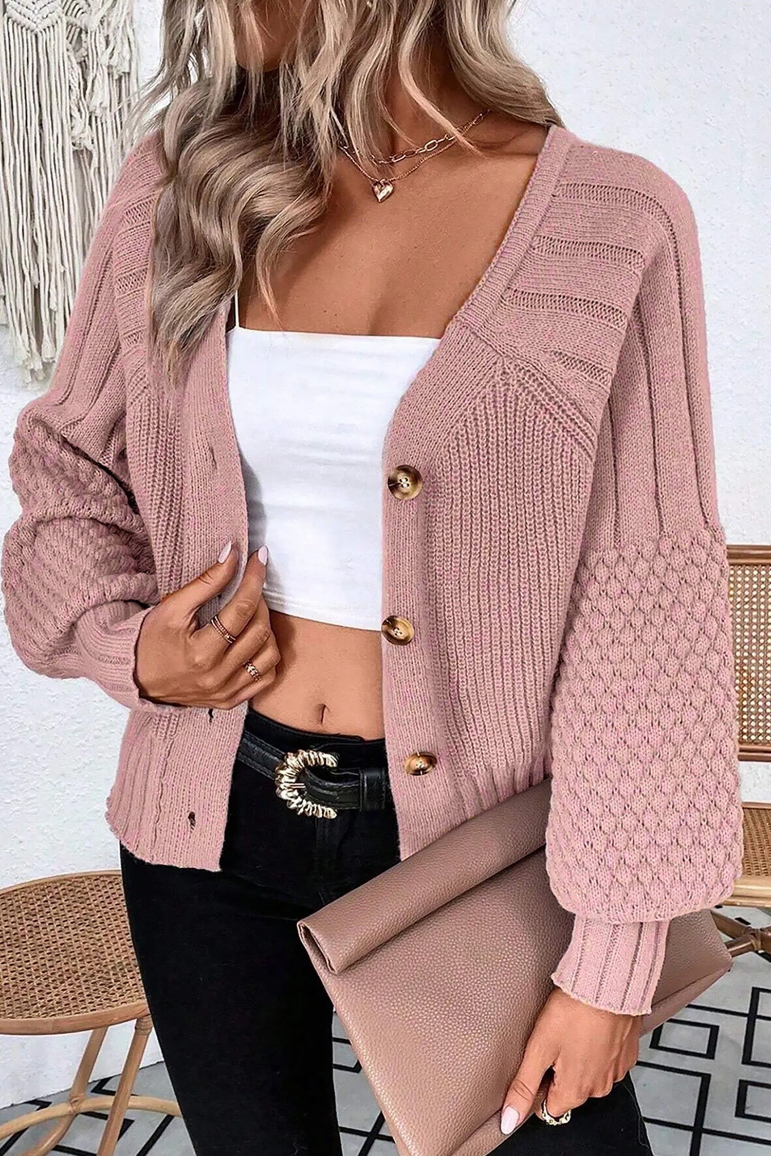 Light Pink Mixed Texture Knit Button V Neck Sweater Cardigan
