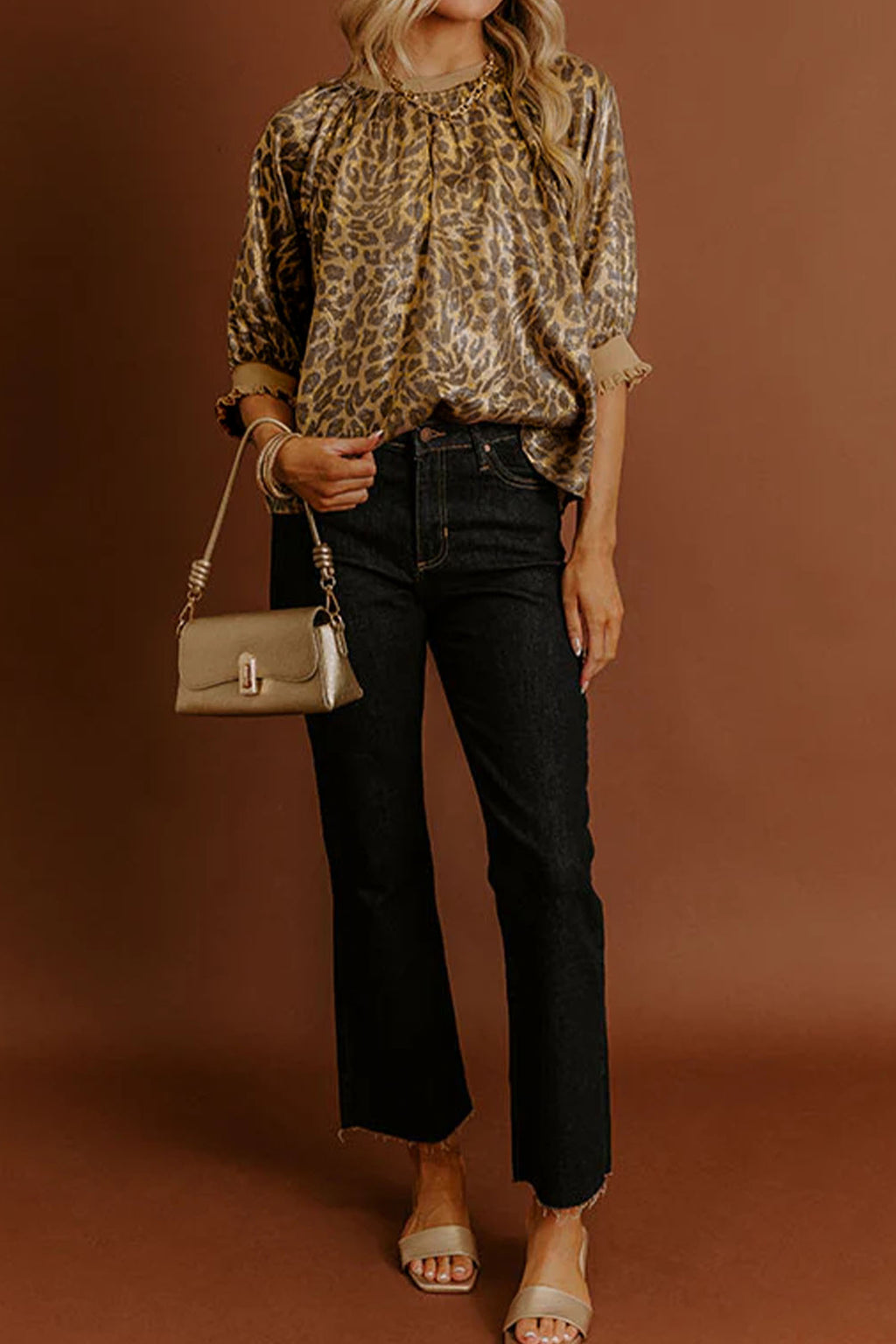 Gold  Half Sleeve Metallic Leopard Print Blouse